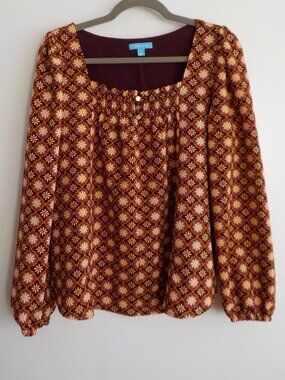 Draper James Blouse - Large - Boho Long Sleeve Flower Purple  (788)